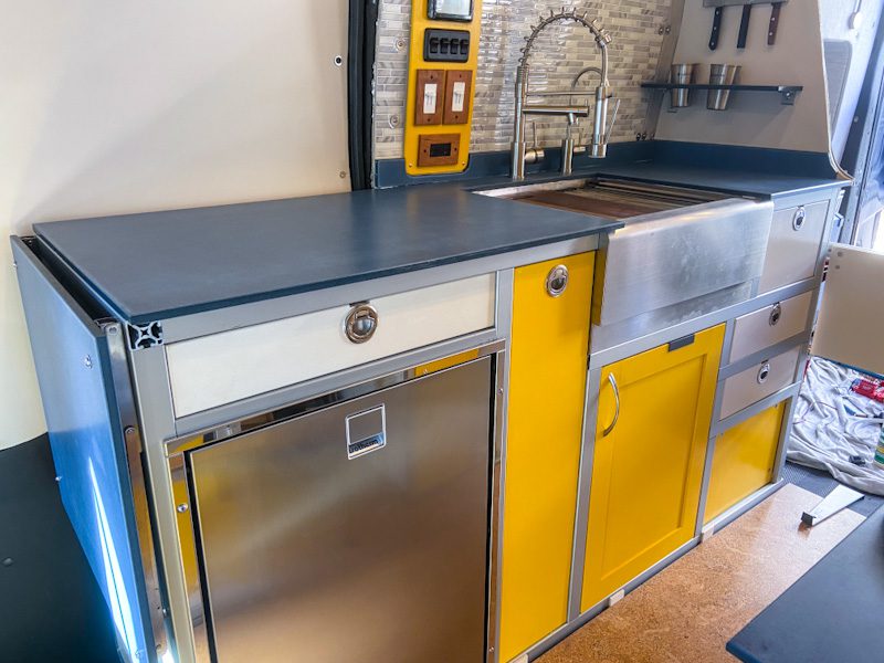 Large kitchen galley featuring several well thought out 80/20 van galley drawers.